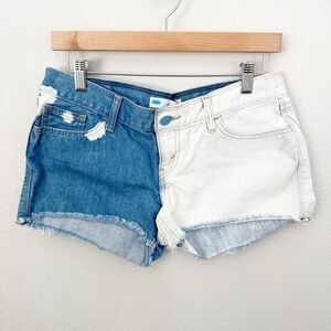 LEVI'S | Denim Jean Bleach Raw Hem Booty Shorts Two Tone White Blue | Size 8, 29